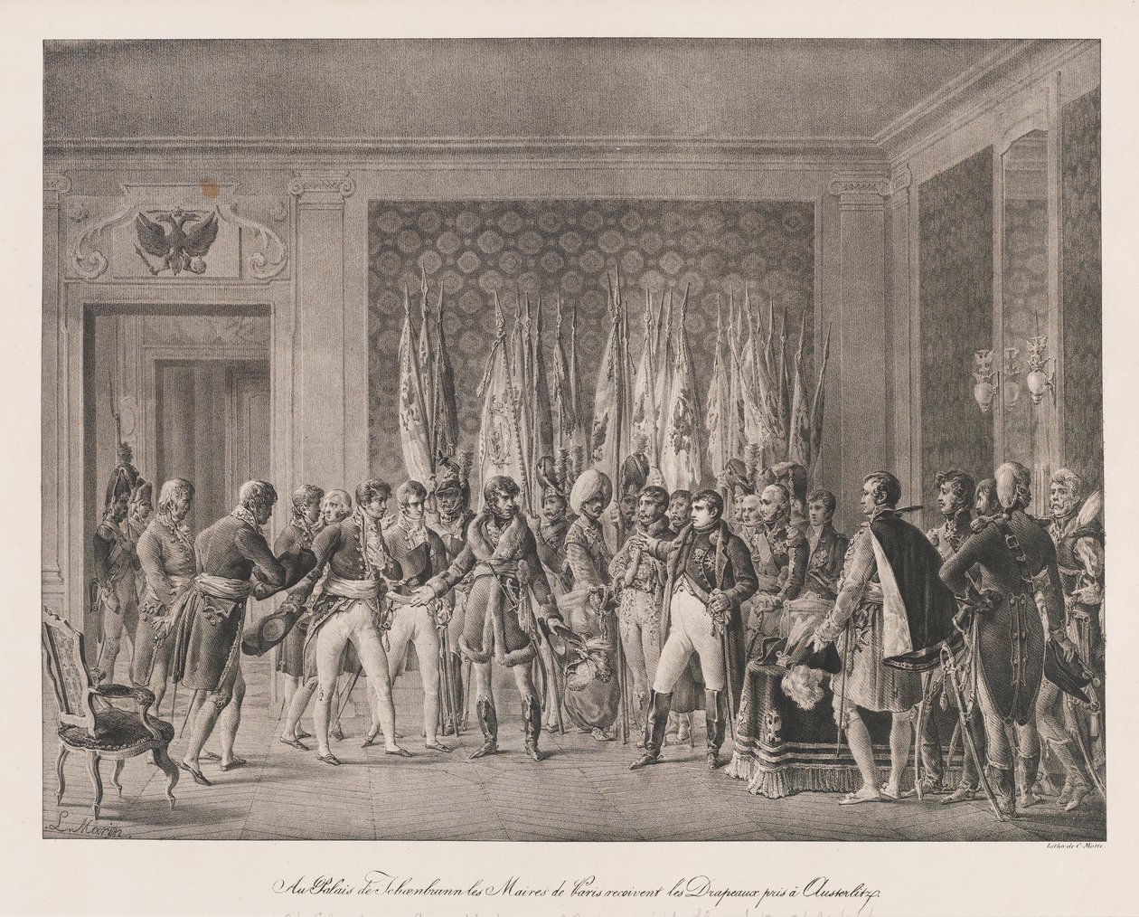 Maires of Paris modtager Austerlitz flag, begyndelsen af det 19. århundrede (litho) af Charles Etienne Pierre Motte