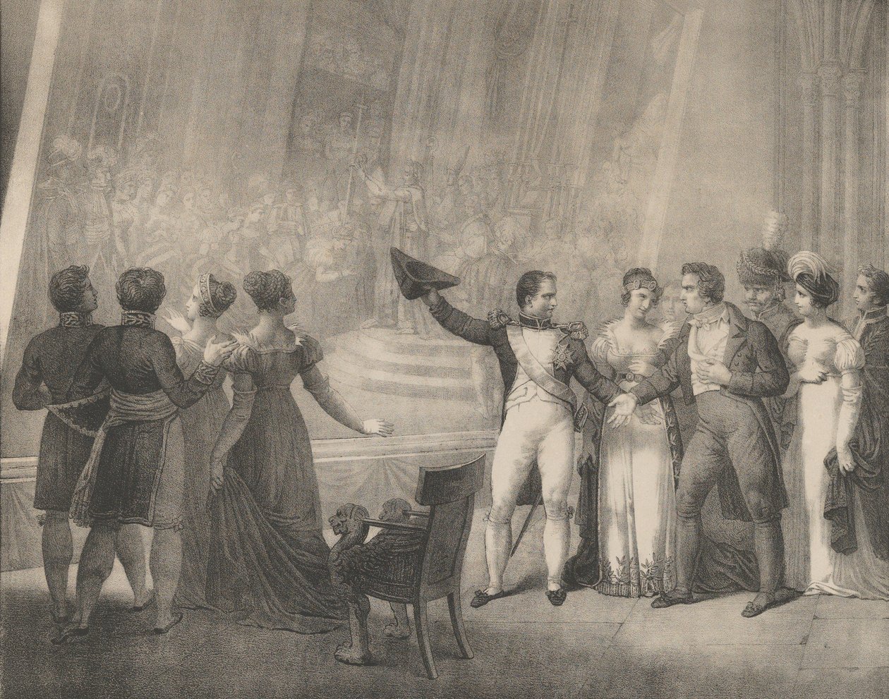 Napoleon og Josephine på besøg i Davids Studio, 4. januar 1808, ca. 1820-30. af Charles Etienne Pierre Motte