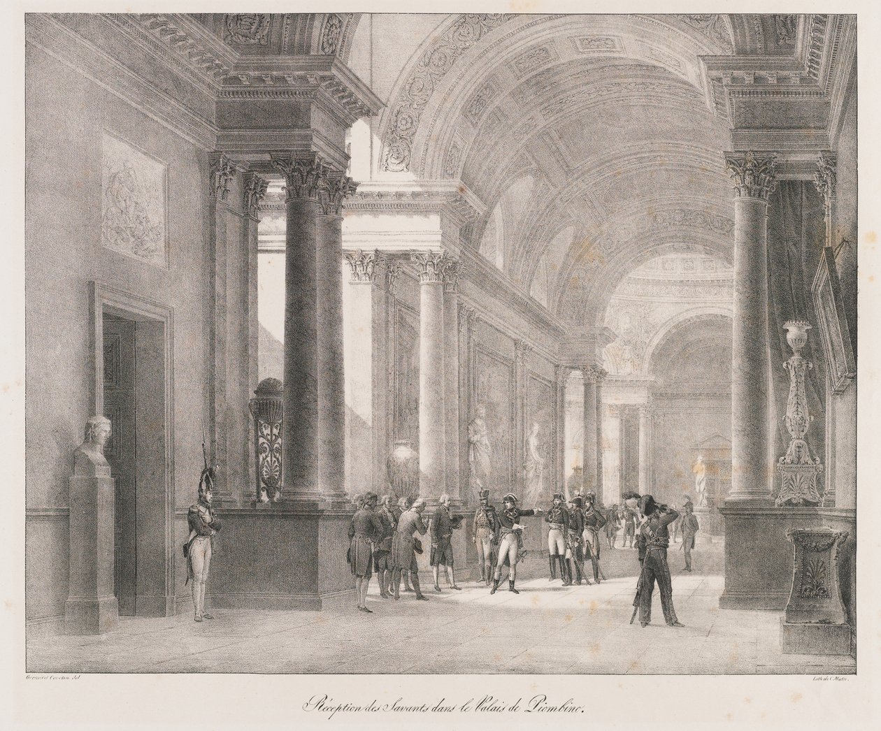 Modtagelse af Savants, begyndelsen af det 19. århundrede (litho) af Charles Etienne Pierre Motte