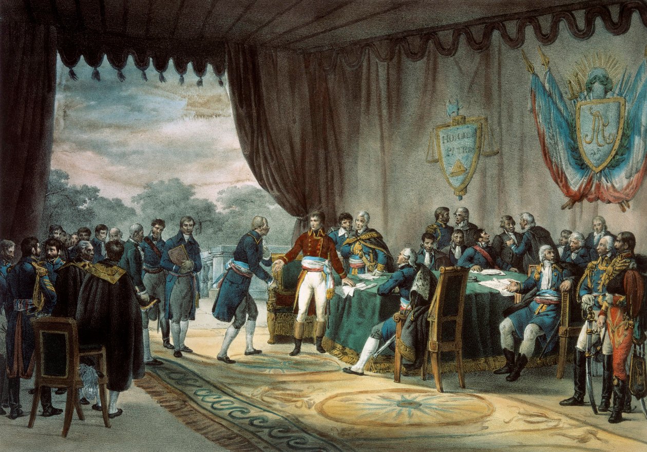 Underskrift af Mortefontaine-traktaten den 30/09/1800, hvor Frankrig (repræsenteret af Napoleon Bonaparte (1769-1821)) sælger Louisiana til USA. Litografi af C. Motte (1800-tallet) Paris, B.N. af Charles Etienne Pierre Motte