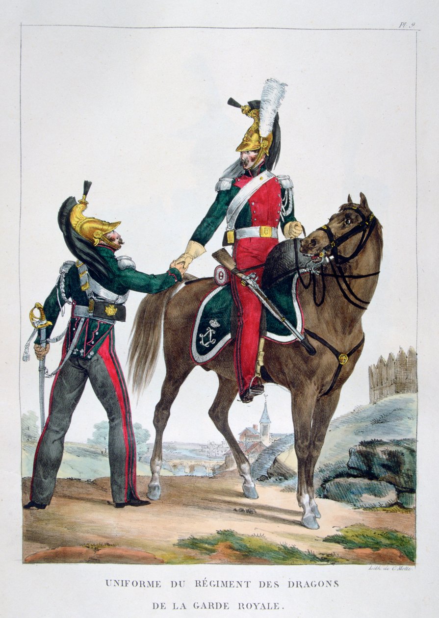 Uniform af et regiment af dragoner fra den kongelige garde, Frankrig, 1823. af Charles Etienne Pierre Motte