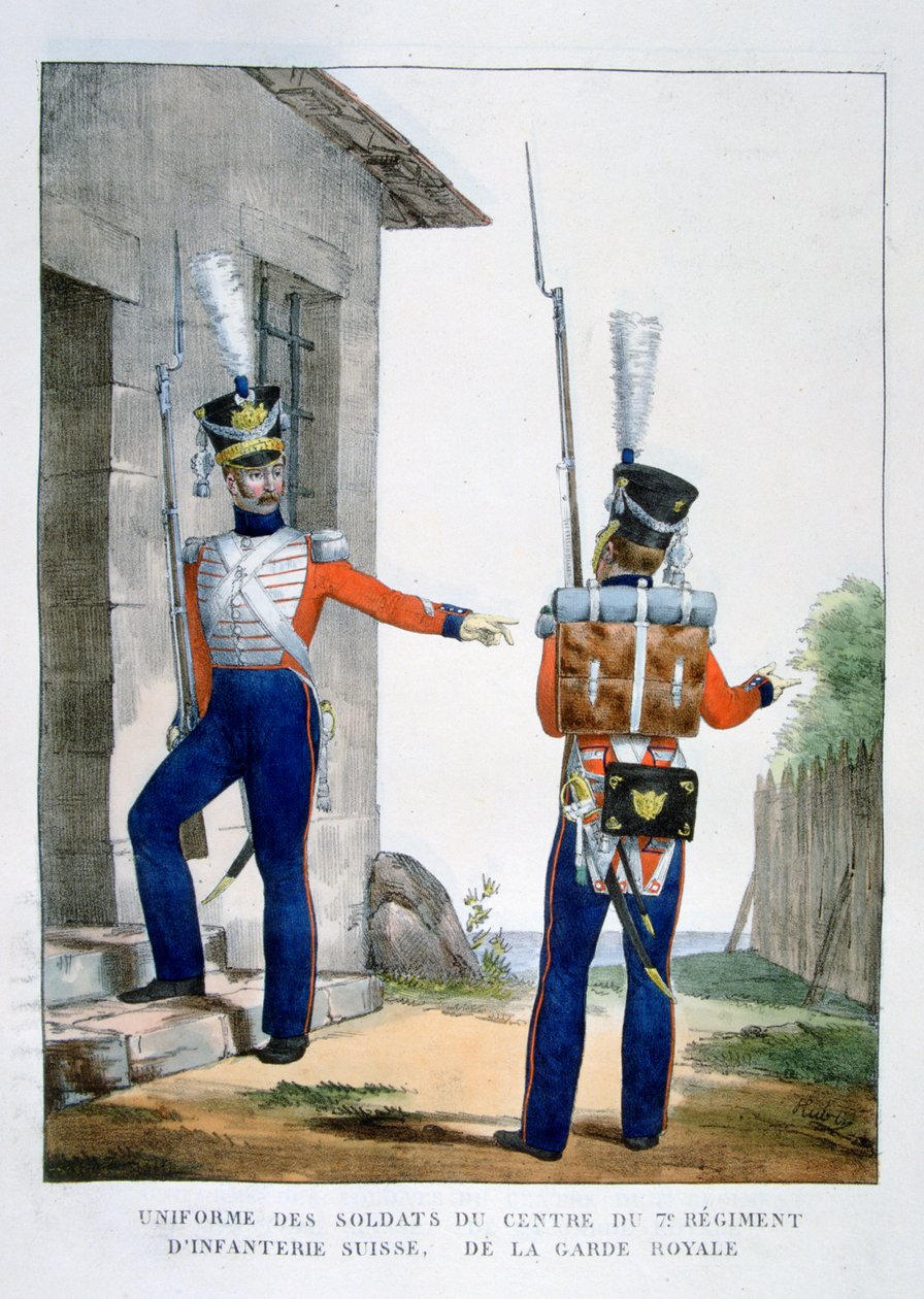 Uniform fra det schweiziske 7. regiment af infanteri af den kongelige garde, Frankrig, 1823. af Charles Etienne Pierre Motte