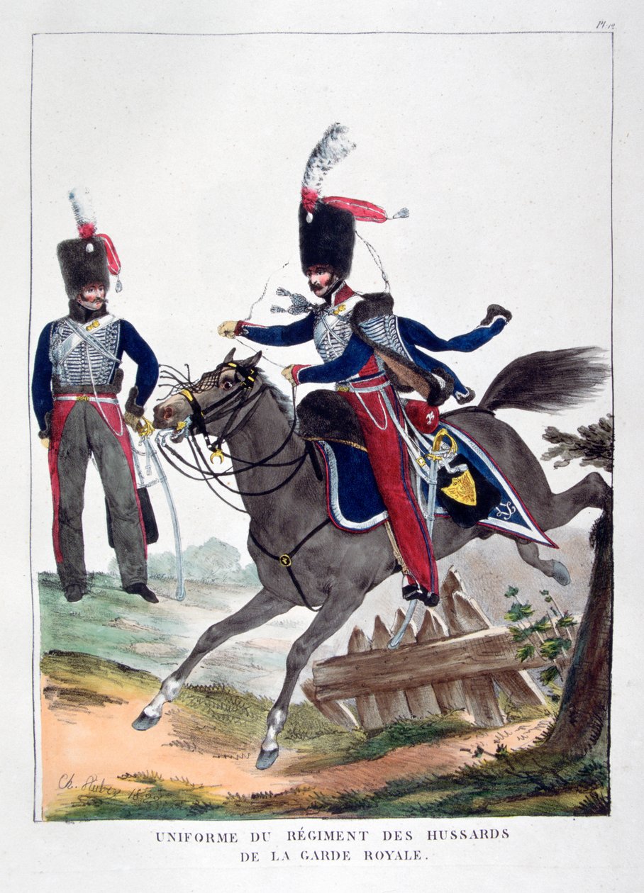Uniformer af et regiment af husarer fra den franske kongelige garde, 1823. af Charles Etienne Pierre Motte