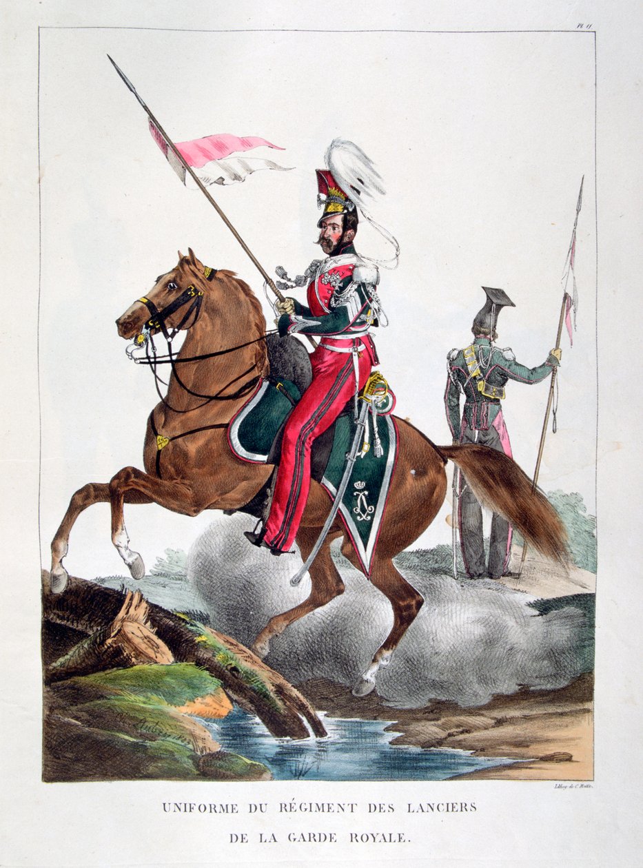 Uniformer af et regiment af lancerere fra den franske kongelige garde, 1823. af Charles Etienne Pierre Motte
