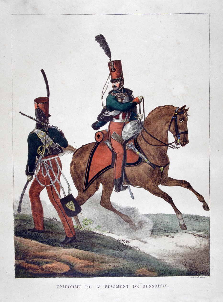 Uniformer fra det 6. regiment af franske husarer, 1823. af Charles Etienne Pierre Motte