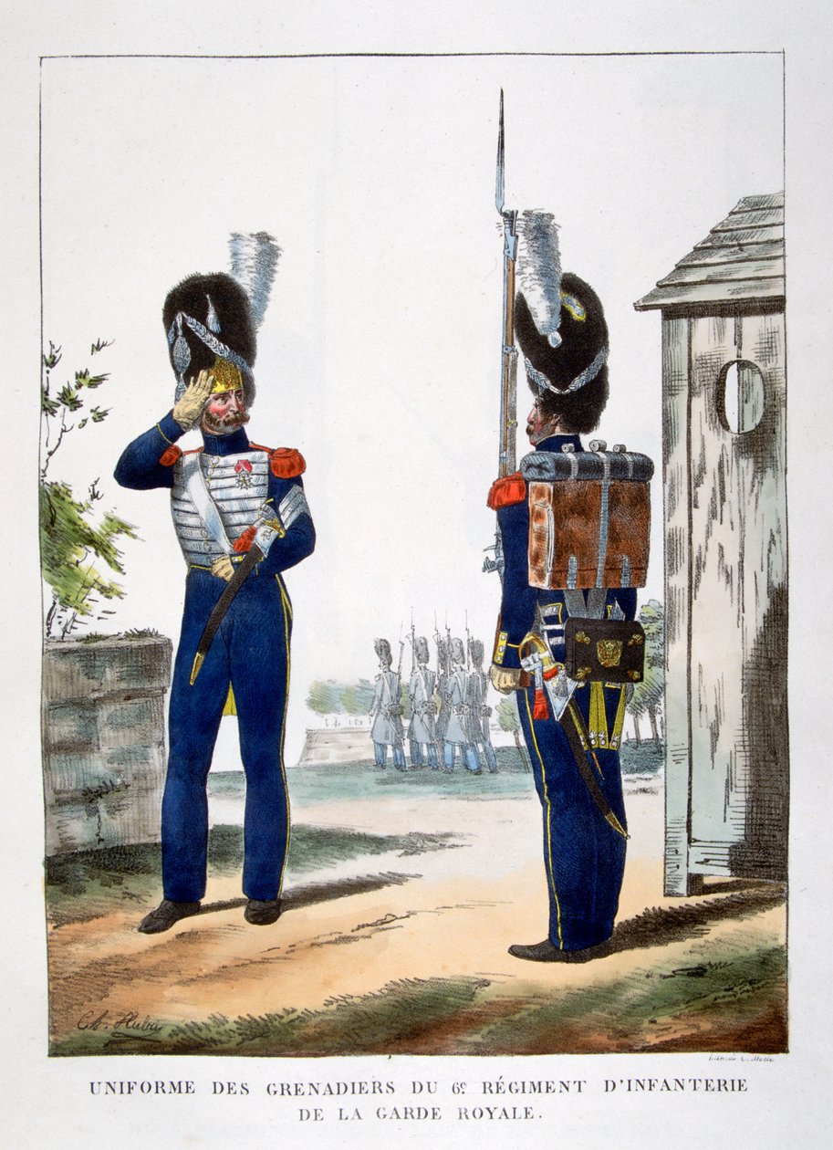Uniformer af grenadererne.. af den franske kongelige garde, 1823. af Charles Etienne Pierre Motte