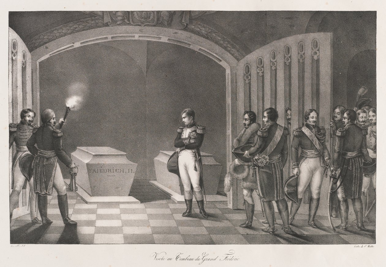 Besøg i Frederik den Stores grav tidligt 1800-tallet (litho) af Charles Etienne Pierre Motte