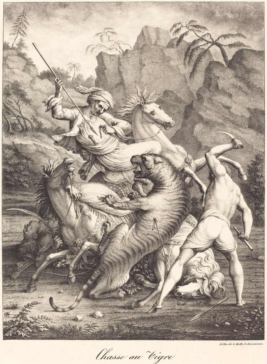 Tigerjagt af Charles Etienne Pierre Motte after Auguste Jacques Regnier