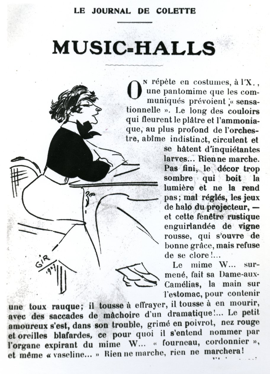 Karikatur af Colette fra hendes essay om Musiksale i Vrilles de la Vigne, udgivet i La Vie Parisienne, Paris, 1908 af Charles Felix Gir