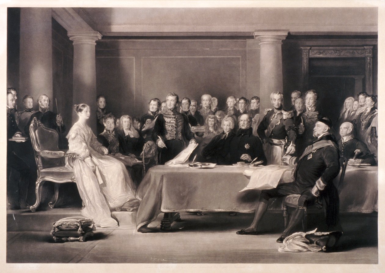 Dronning Victoria præsiderede i rådet ved hendes overtagelse af tronen, 1846 af Charles Fox