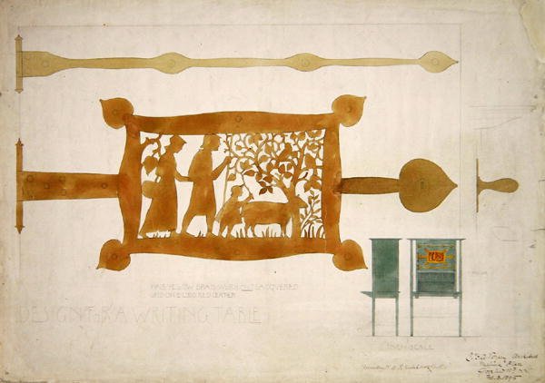 Design til et skrivebord af messing af Charles Francis Annesley Voysey