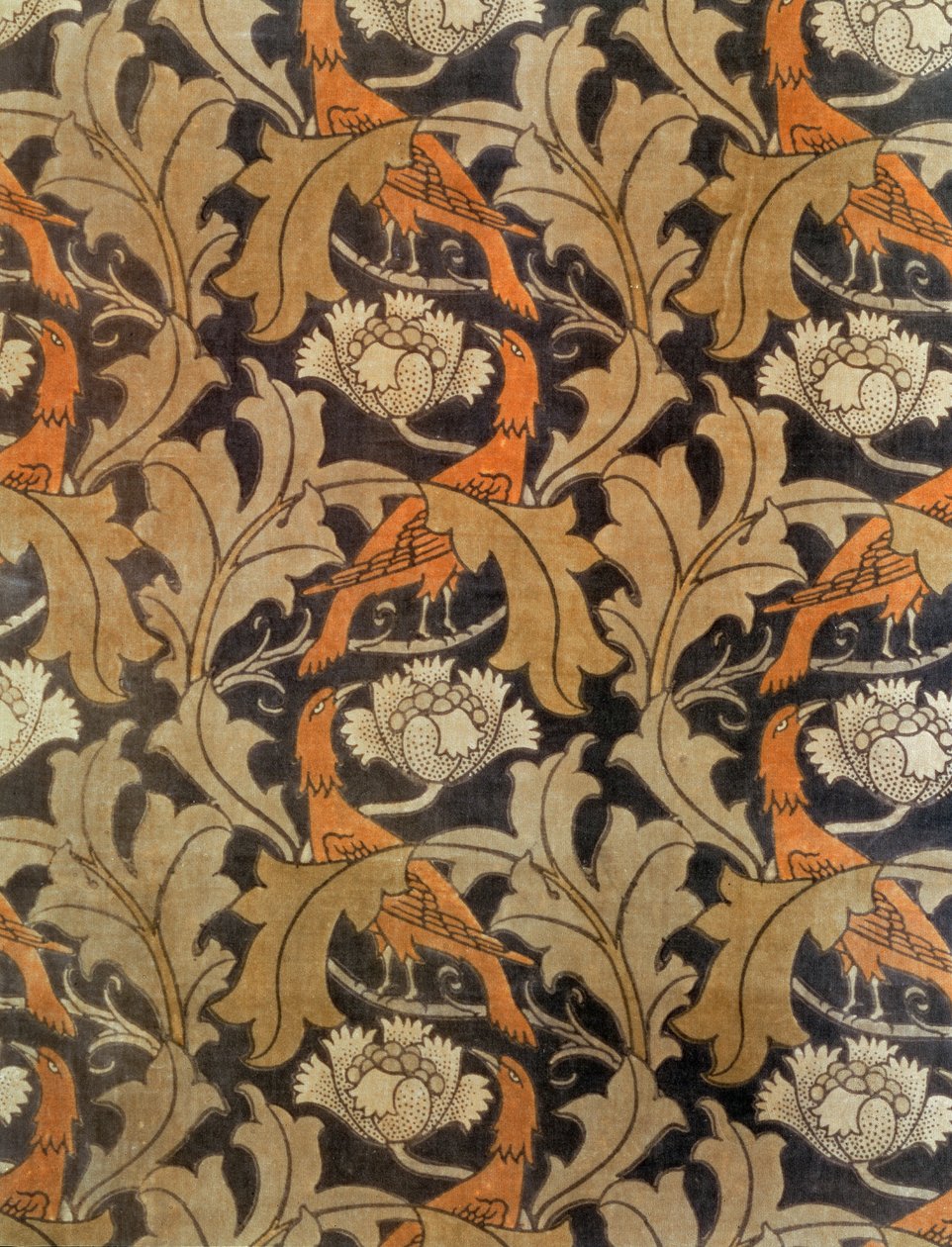 Blomster og blade med fugle, fremstillet af G.P.& J.Baker for Liberty & Co., ca. 1893 (trykt fløjlsagtig) af Charles Francis Annesley Voysey