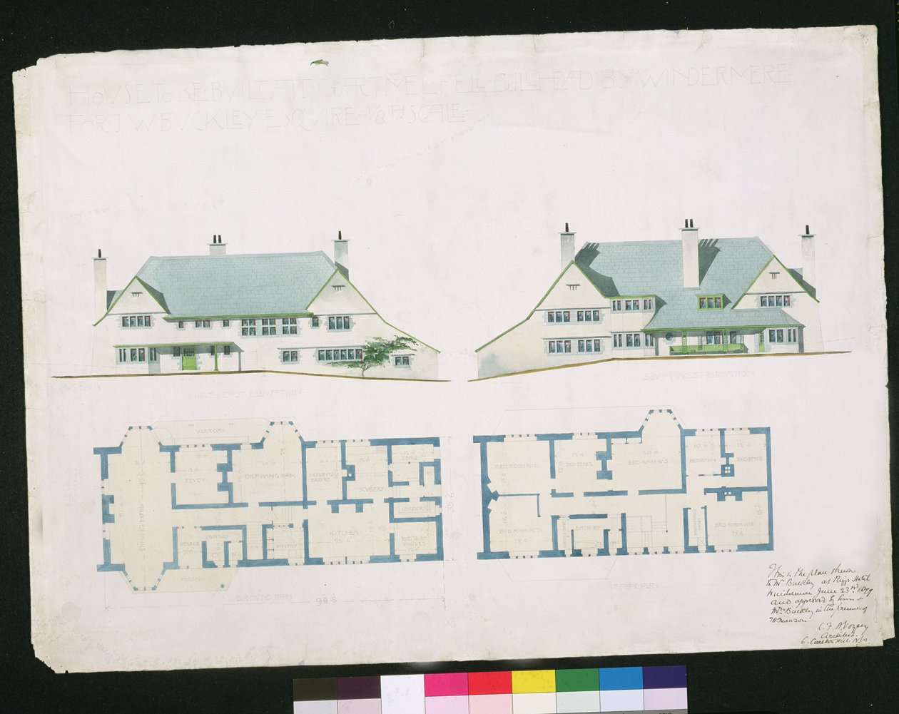 Hus, der skal bygges ved Gartmel Fell Gillhead, Windermere for J.W. Buckley Esquire, 1899 (wc og blyant på papir) af Charles Francis Annesley Voysey