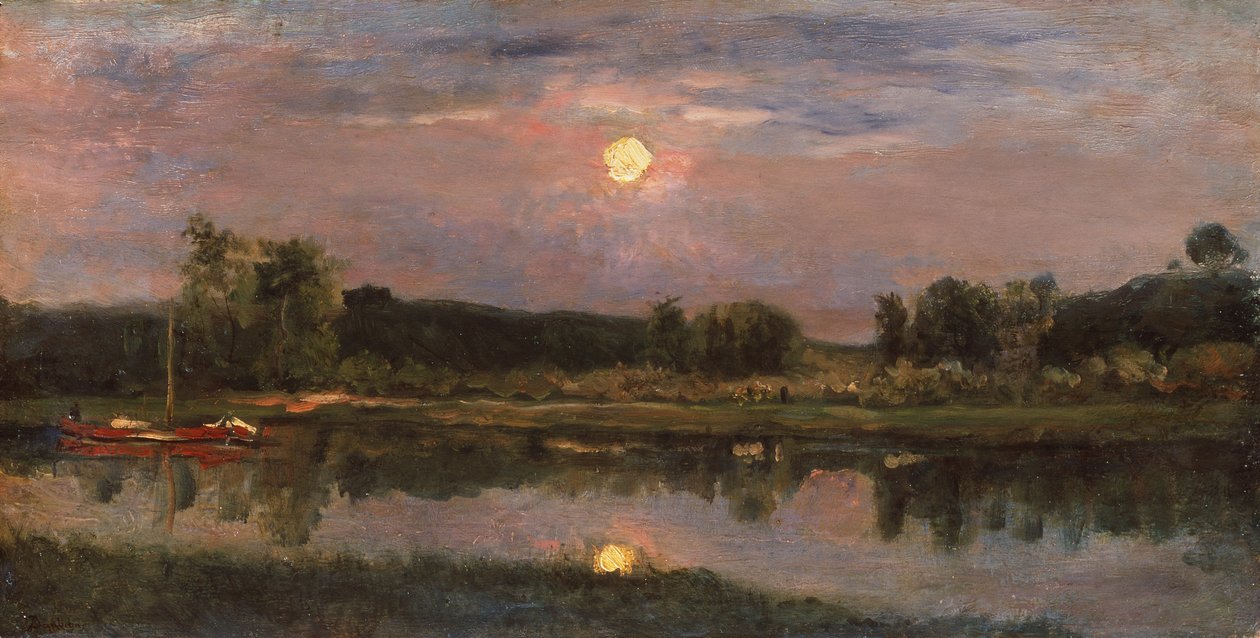 A Moonlit River Landscape, ca. 1855 (olie om bord) af Charles Francois Daubigny