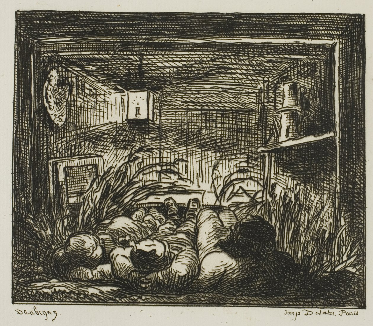 Sengetøj på båden (nat på båden) af Charles Francois Daubigny