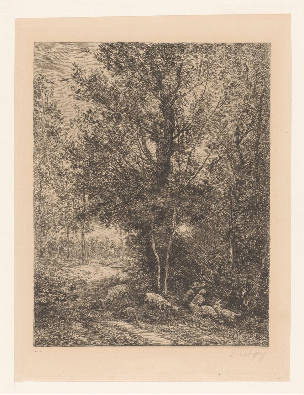 Skov med hvilende gedehyrder Le berger et la bergere af Charles Francois Daubigny