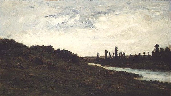Hyrder og kvæg i et skovklædt flodlandskab af Charles Francois Daubigny