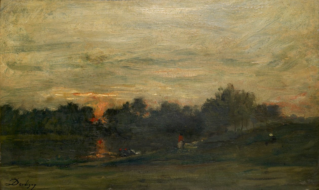 Landskab: Solnedgang, midten af 1800-tallet af Charles Francois Daubigny