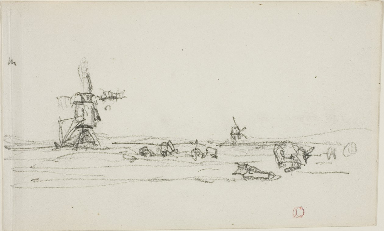 Landskab i Holland (recto); Skitse af vindmøller ved vand (verso) af Charles Francois Daubigny