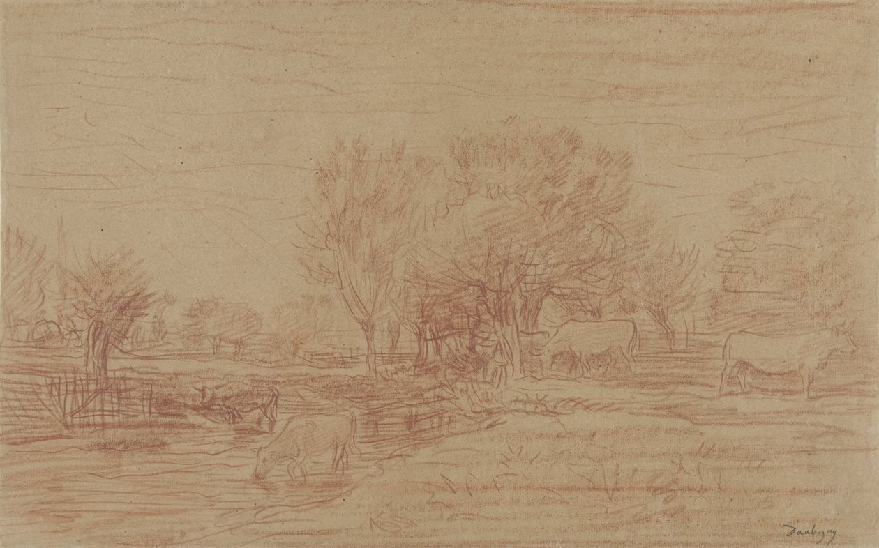 Landskab med græssende og drikkende køer og en seende tyr af Charles Francois Daubigny