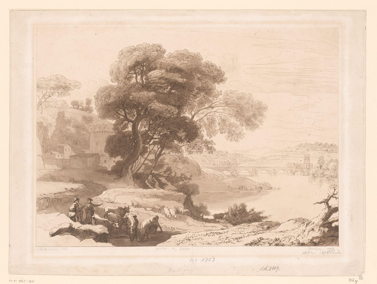 Landskab med hyrder og kvæg på kanten af ​​en flod af Charles Francois Daubigny