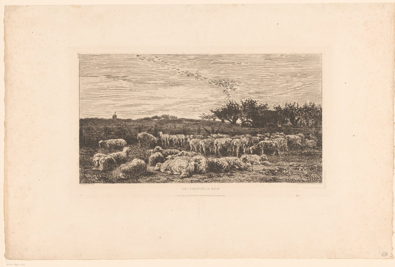 Landskab med flok får Parc à Moutons, le matin (titel på objekt) af Charles Francois Daubigny