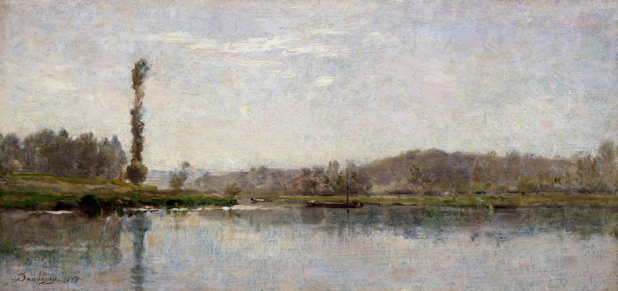 Morgen på Oise, Auvers (olie på tavle) af Charles Francois Daubigny