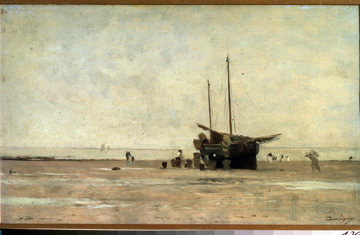 ""Seascape"" En sejlbåd på sandet ved lavvande. Maleri af Charles Francois Daubigny (1817-1878) 1868-1872 Pushkin Museum, Moskva af Charles Francois Daubigny