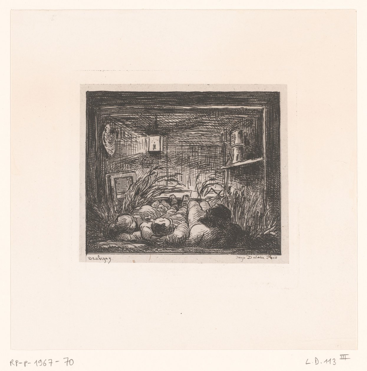 Sovende mænd i en kahyt Briks à bord du Bottin Serier med landskaber og begivenheder omkring vand (serietitel) Voyage en bateau (serietitel) af Charles Francois Daubigny