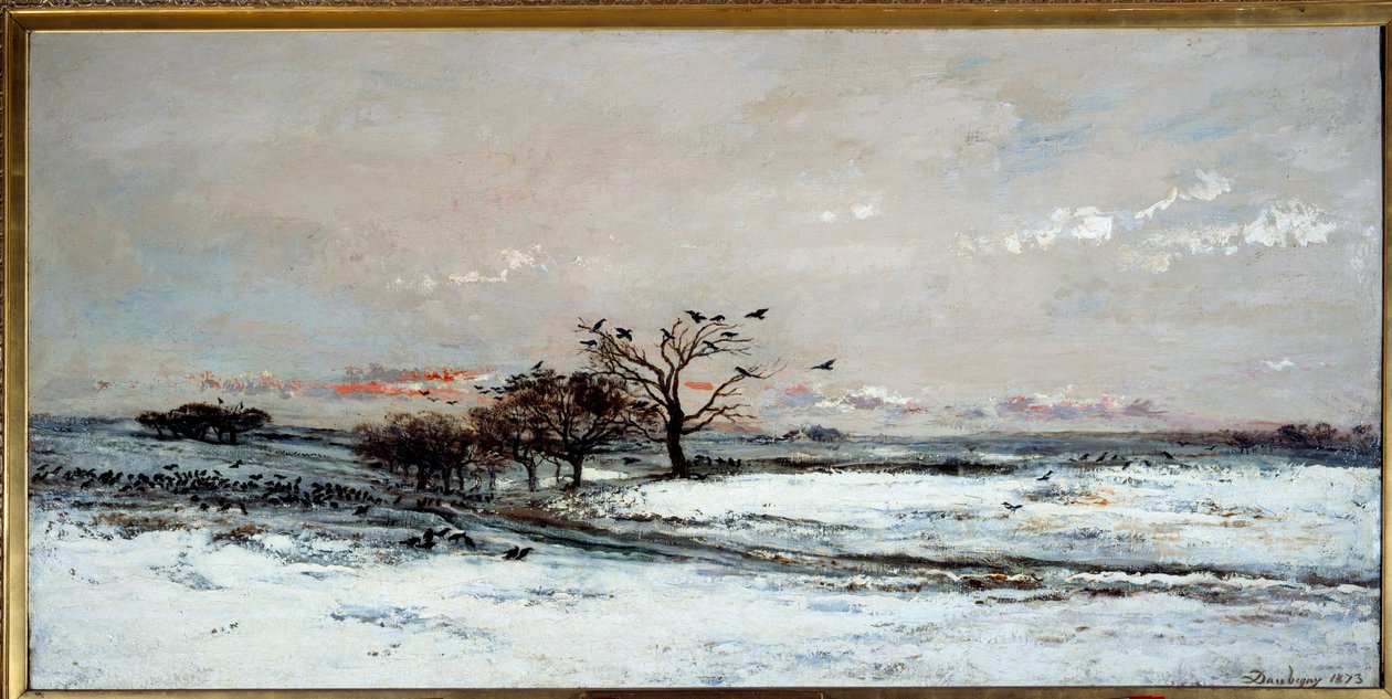 Snelandskab i den nedgående sol. Maleri af Charles Francois Daubigny (1817-1878) af Charles Francois Daubigny