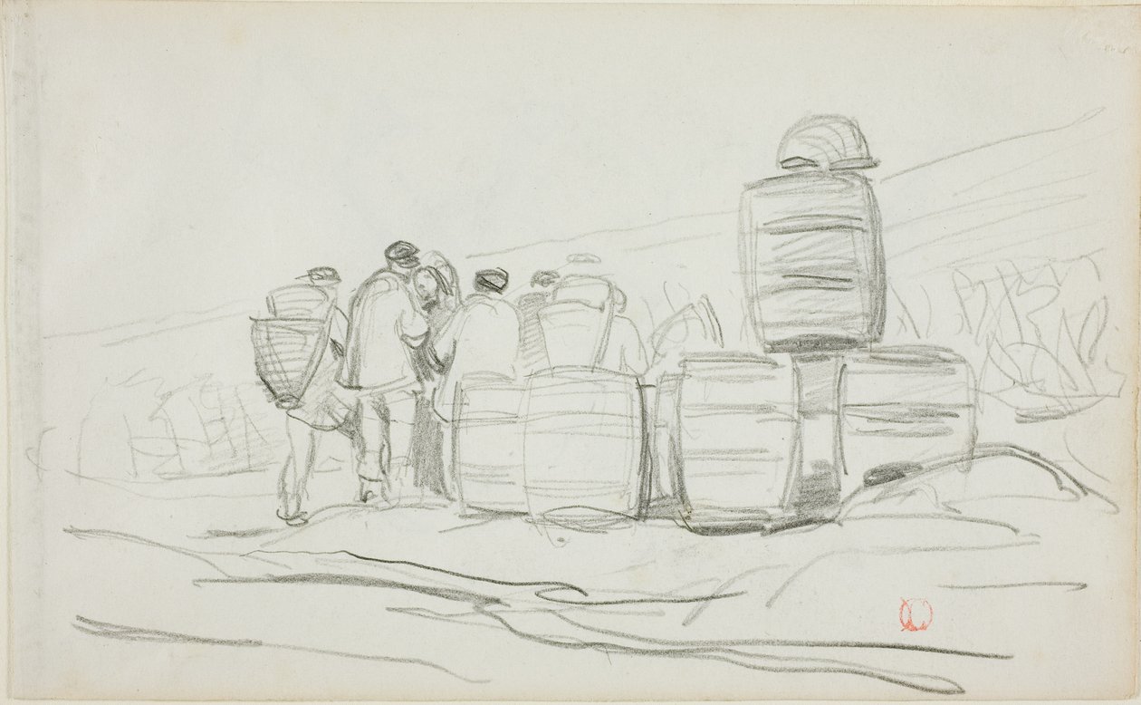Studie af en gruppe mennesker med tønder (recto); to studier af en kvinde, der sanker (verso) af Charles Francois Daubigny
