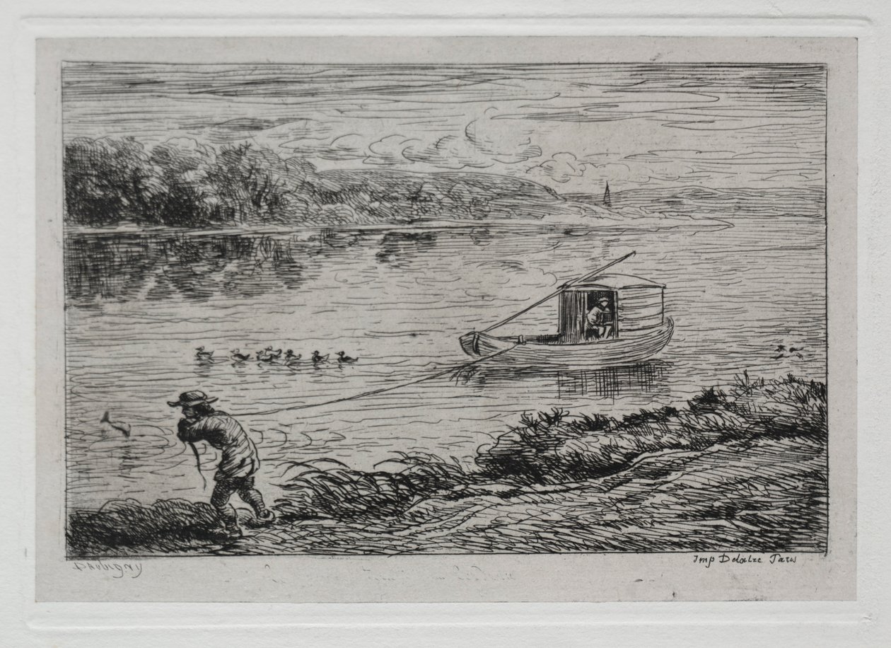 Bådturen: Kabinedreng, der trækker slæbetovet eller trækker med reb, 1861. af Charles Francois Daubigny