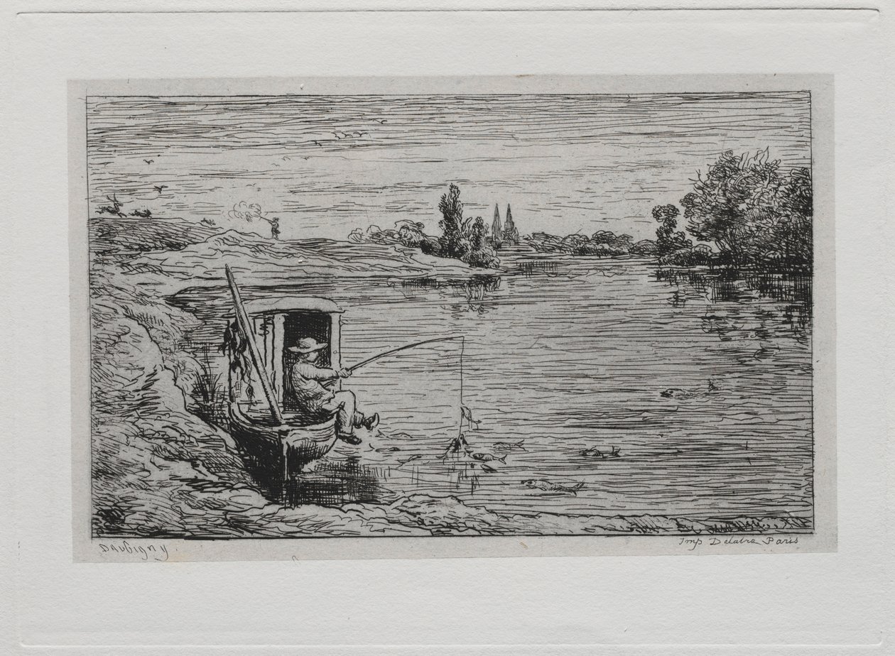 Bådturen: Cabin Boy Fishing Line Fishing, 1861. af Charles Francois Daubigny