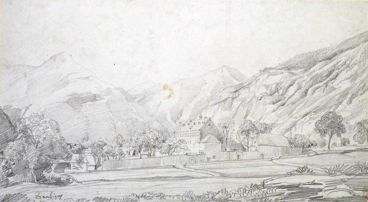 Udsigt over bygninger i en muret indhegning med bjerge i baggrunden, midten af det 19. århundrede af Charles Francois Daubigny