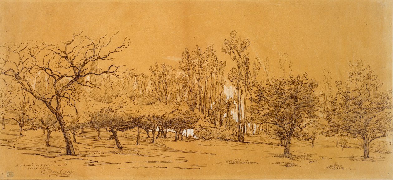 Udsigt over en frugthave ved Saint-Denis, midten af det 19. århundrede af Charles Francois Daubigny