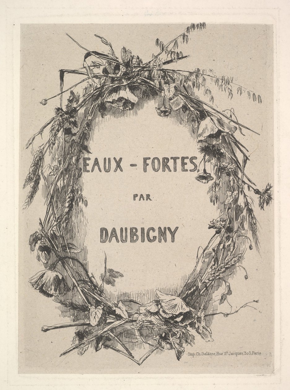 Krans af vilde blomster, titel for Eaux-Fortes par Daubigny, 1850. af Charles Francois Daubigny