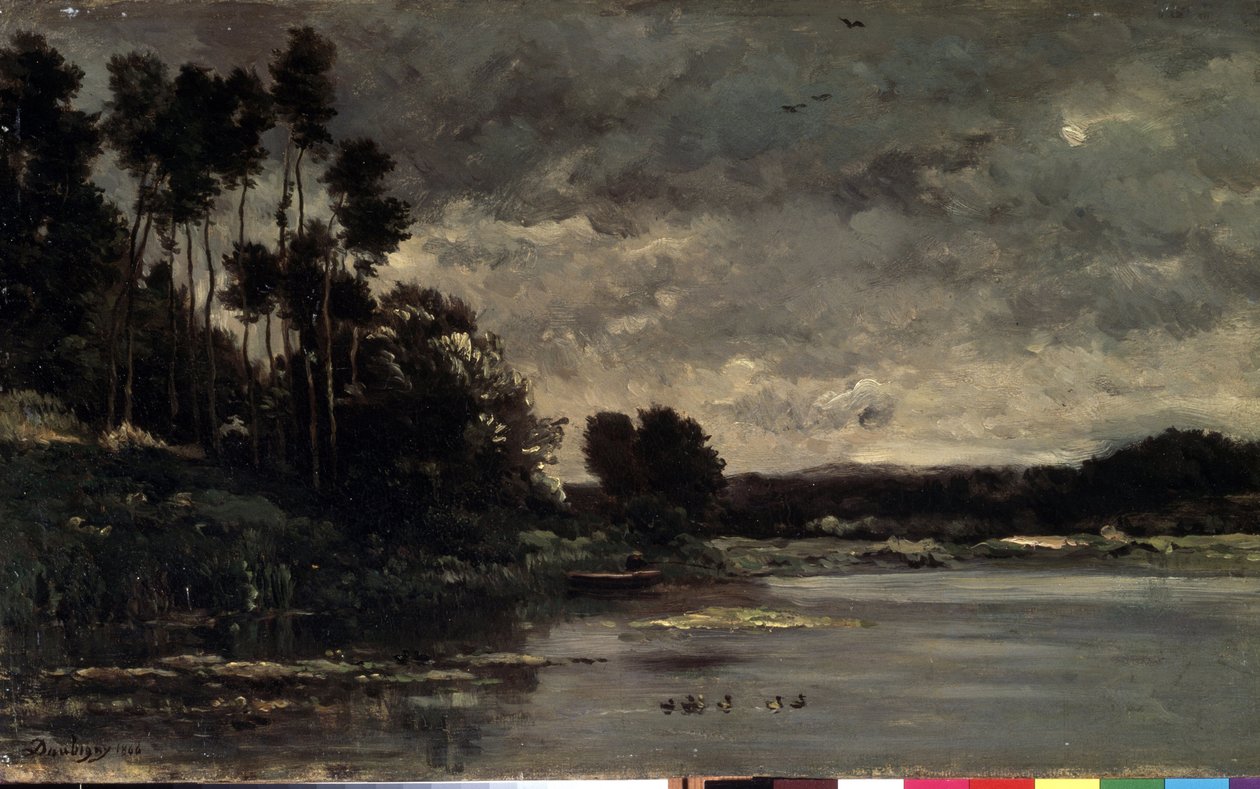 ""flodens bredder"" (flodbredden) Maleri af Charles Francois Daubigny (1817-1878) 1866 Dim. 26x460 cm Eremitagemuseet, Sankt Petersborg (Saint-Petersburg) af Charles Francois Daubigny
