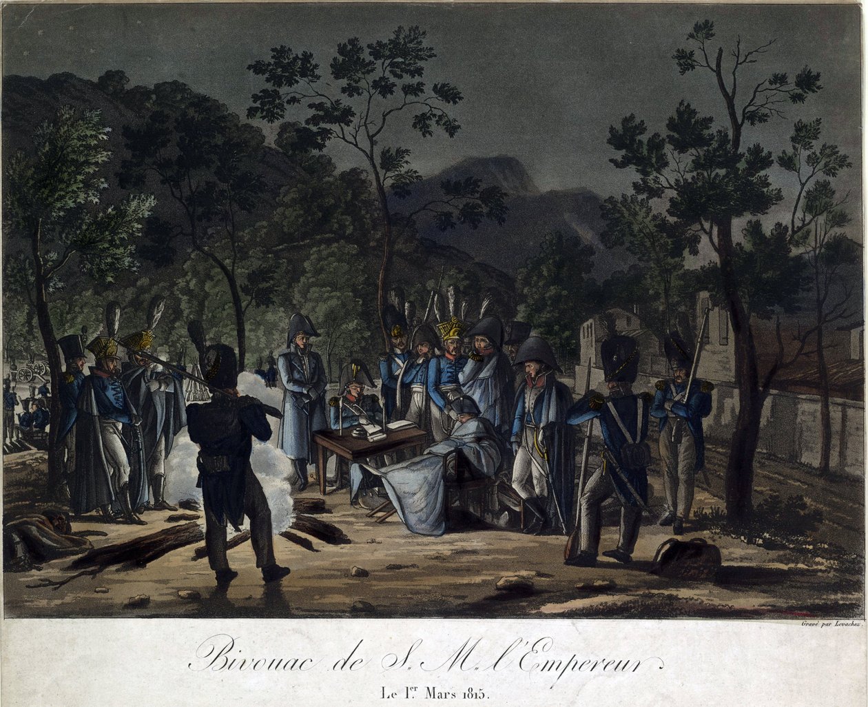 Napoleons tilbagevenden fra Elba. Napoleons bivuak ved Golfe-Juan den 1. marts 1815 - Levachez, Charles Francois Gabriel (aktiv 1760-1820) - 1815 - Akvatinte - 29,5x30 - Privat samling af Charles Francois Gabriel Levachez