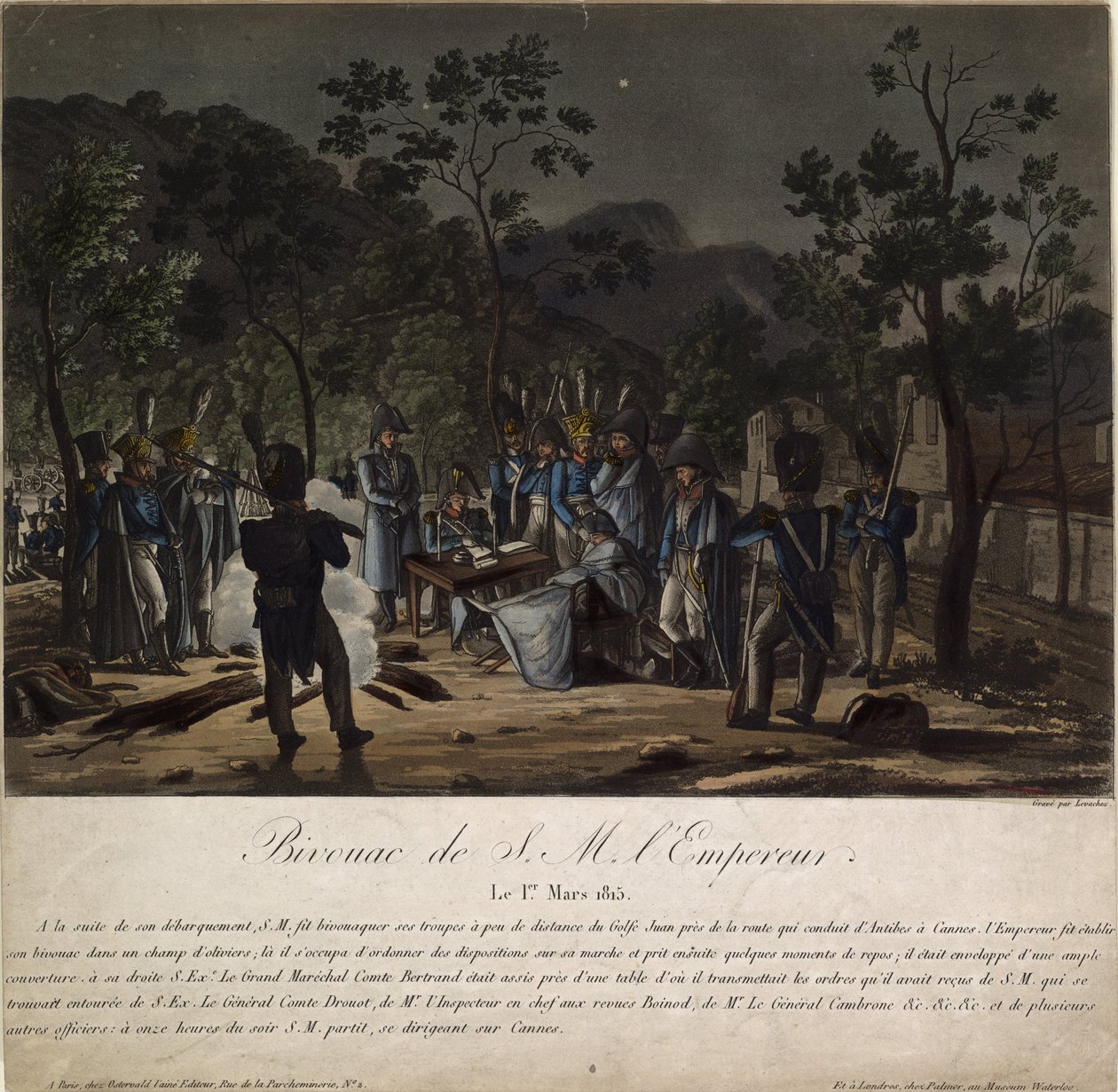 Napoleons tilbagevenden fra Elba. Napoleons bivuak ved Golfe-Juan den 1. marts 1815, 1815 af Charles Francois Gabriel Levachez