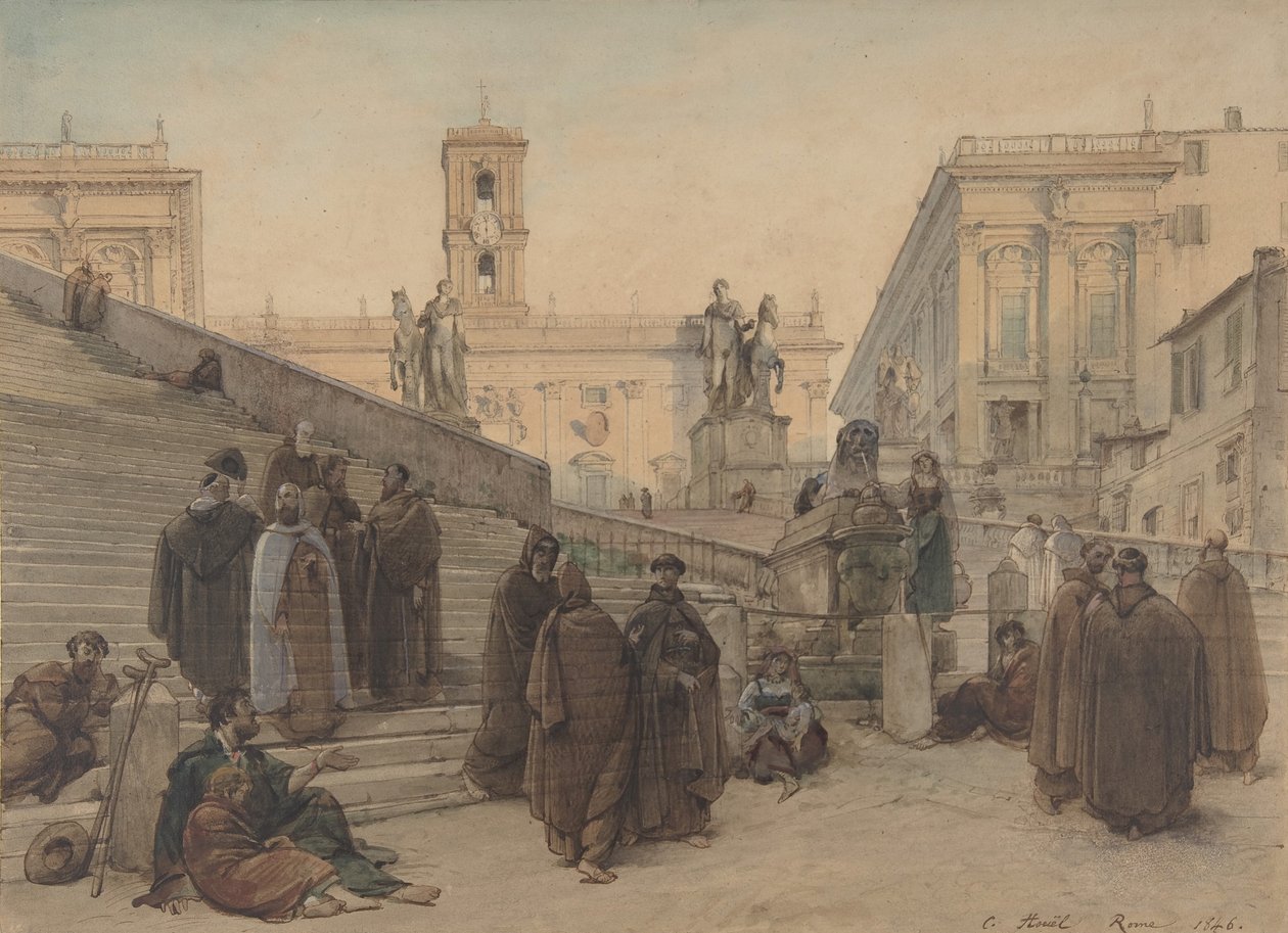 Campidoglio set fra trappen til Aracoeli-kirken, Rom, ved solnedgang, 1846. af Charles Francois Houel