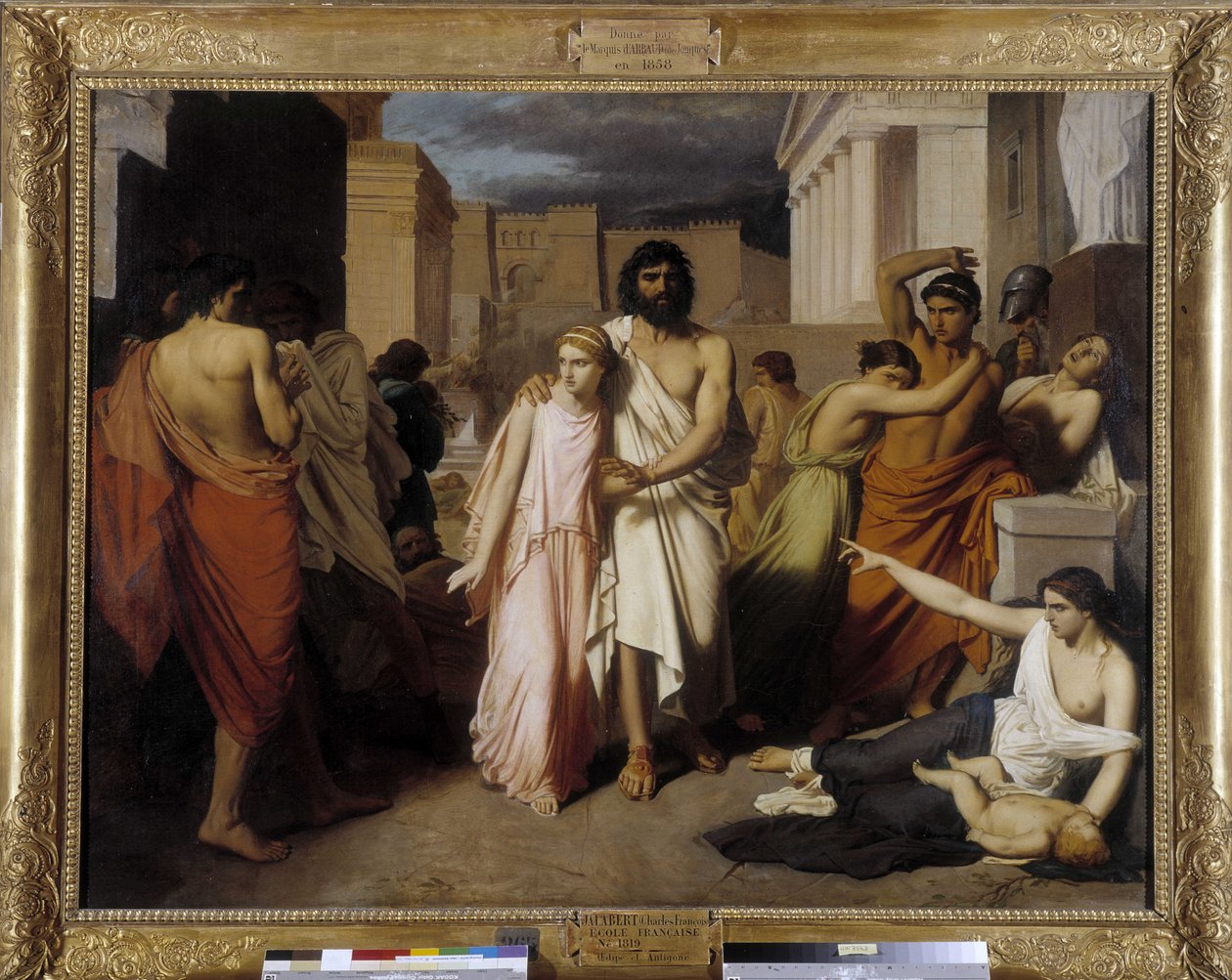 Ødipus og Antigone siger også "Thebes pest"". Ødipus flygter fra indbyggernes forbandelse af Charles François Jalabert