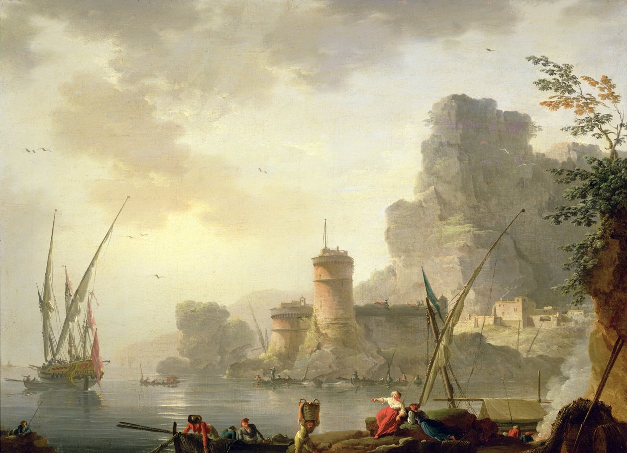 En Middelhavets havnescene ved solnedgang af Charles Francois Lacroix de Marseille