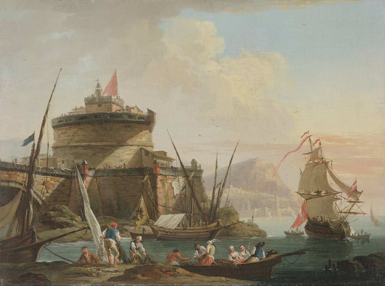 Havnescene ved solnedgang af Charles Francois Lacroix de Marseille