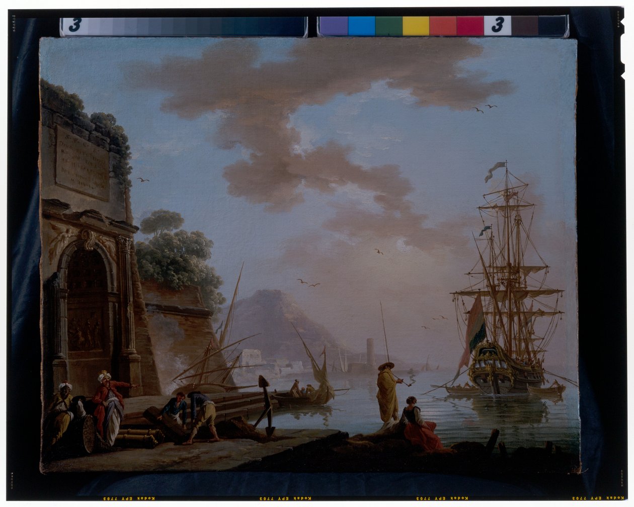 En middelhavshavn med orientalere, der taler under en gammel romersk bue af Charles François Grenier de Lacroix