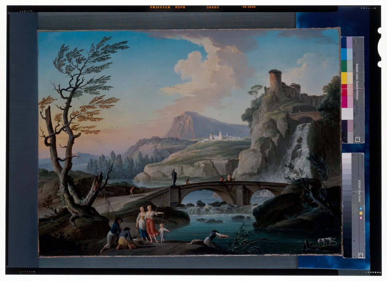 Et flodlandskab med fiskere, der trækker deres net, et klippelandskab og en gangbro hinsides af Charles François Grenier de Lacroix