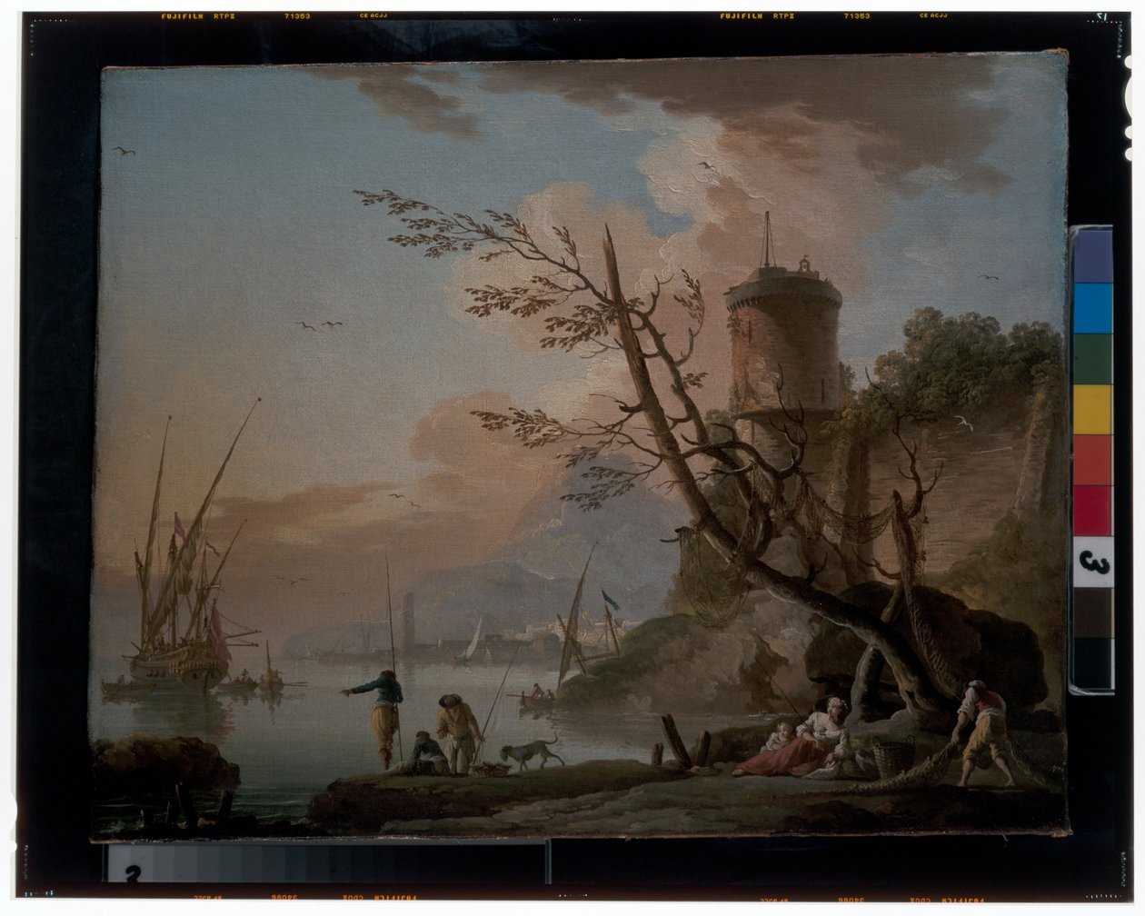 Mænd, der fisker med kvinder, der hviler under et tårn af Charles François Grenier de Lacroix