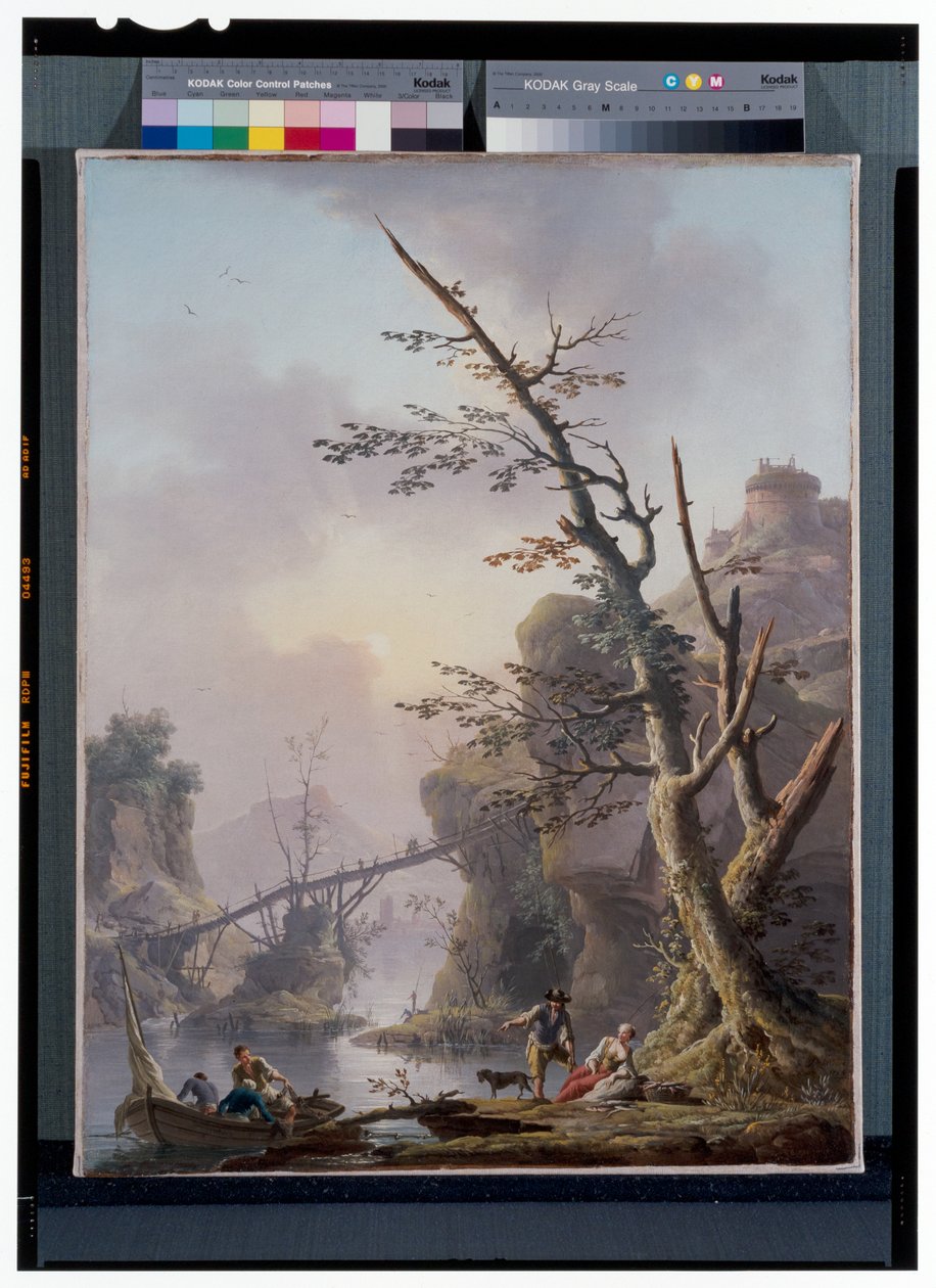 Flodlandskab med fiskere, der indhenter deres net af Charles François Grenier de Lacroix