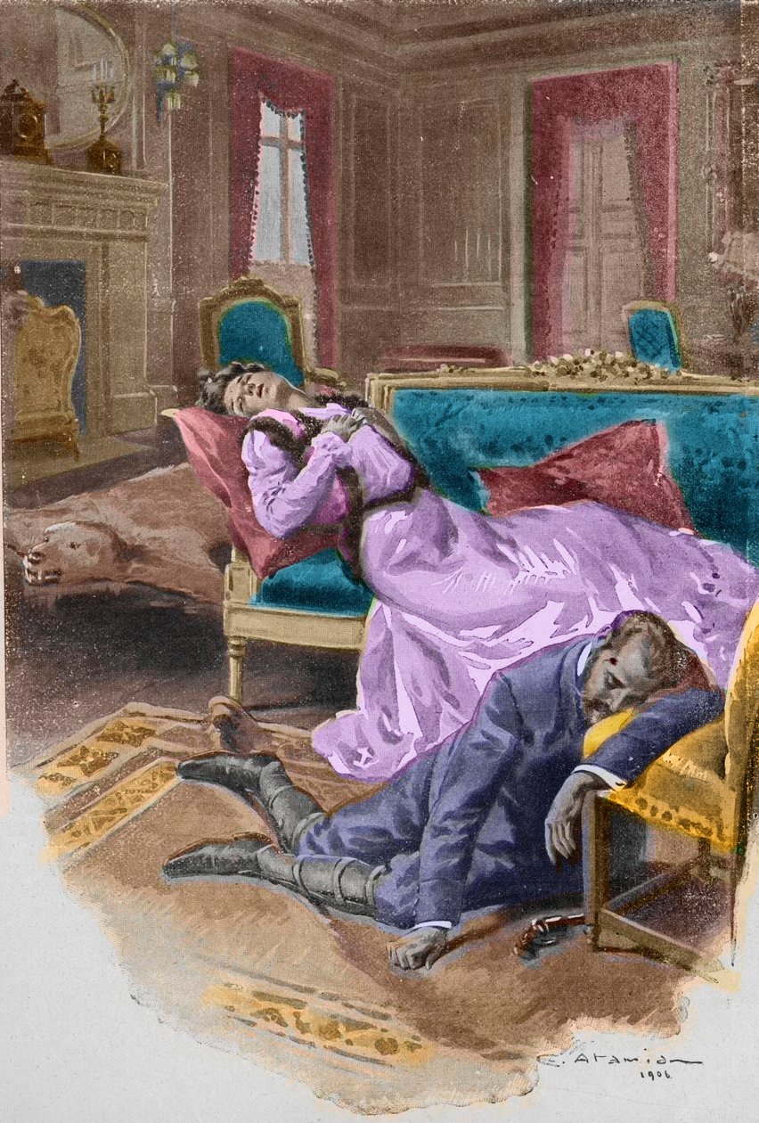 Ærkehertug Rudolf, kronprins af Østrig (1858-1889), dræber sig selv og sin elskerinde, baronesse Mary Vetsera, i sin jagthytte i Mayerling af Charles Garabed Atamian