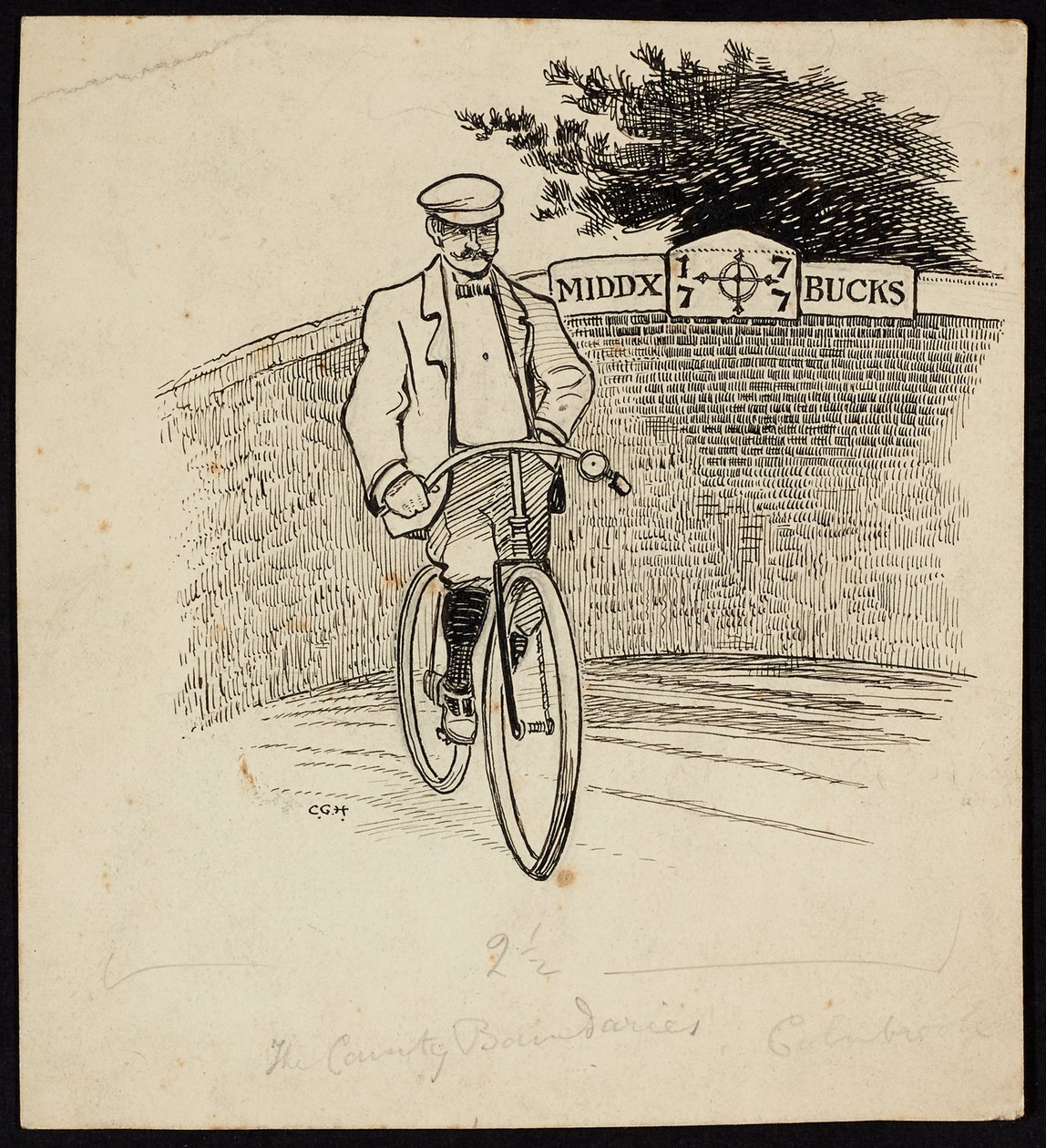 En mand på cykel foran et skilt, der markerer amtsgrænsen mellem Middlesex og Buckinghamshire af Charles George Harper
