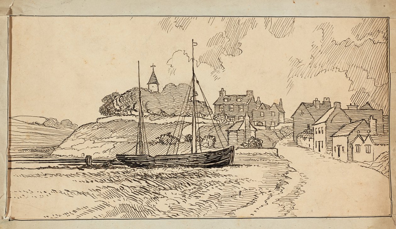 En sejlbåd på stranden ved lavvande, ved en bane, der fører op mod en landsby af Charles George Harper